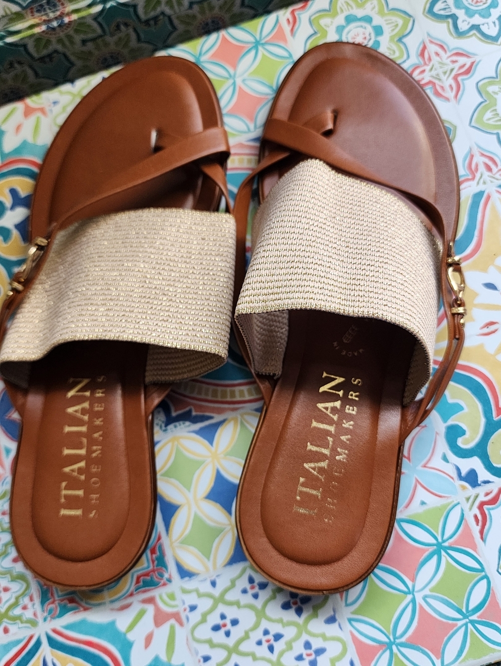 Italian Shoemakers Brown Leather Slides with Beige Fabric Strap